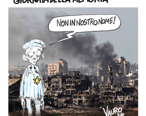 vignetta di Vauro per il giorno della memoria, Un deportato ebreo sullo sfondo di Gaza distrutta. Esclama, Non in nostro nome.