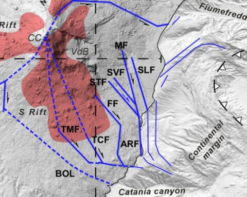 cartina con linee di scivolamento del versante orientale dell'Etna verso il mare