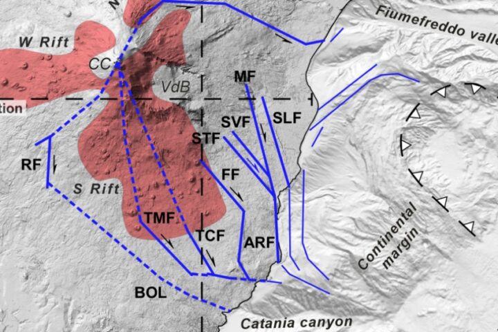 cartina con linee di scivolamento del versante orientale dell'Etna verso il mare